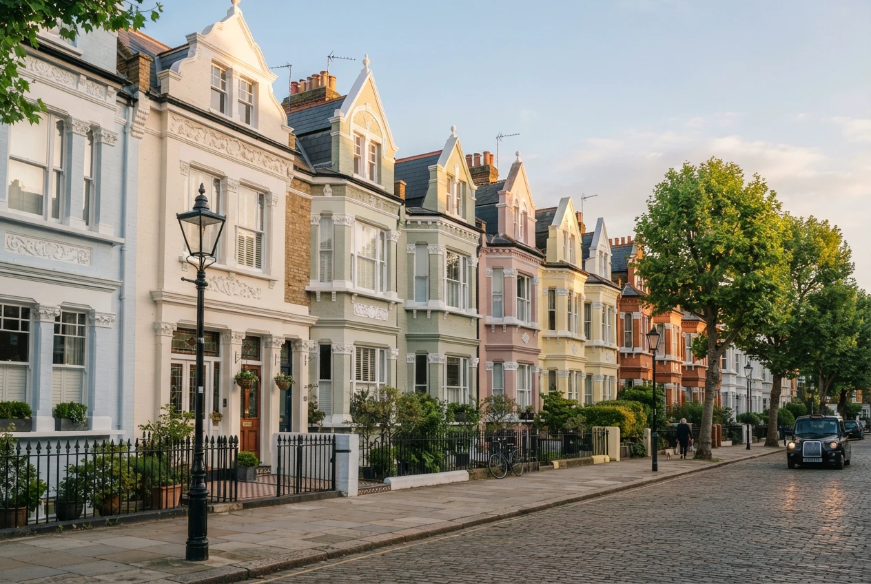 Colorful painted terraced houses in a conservation area