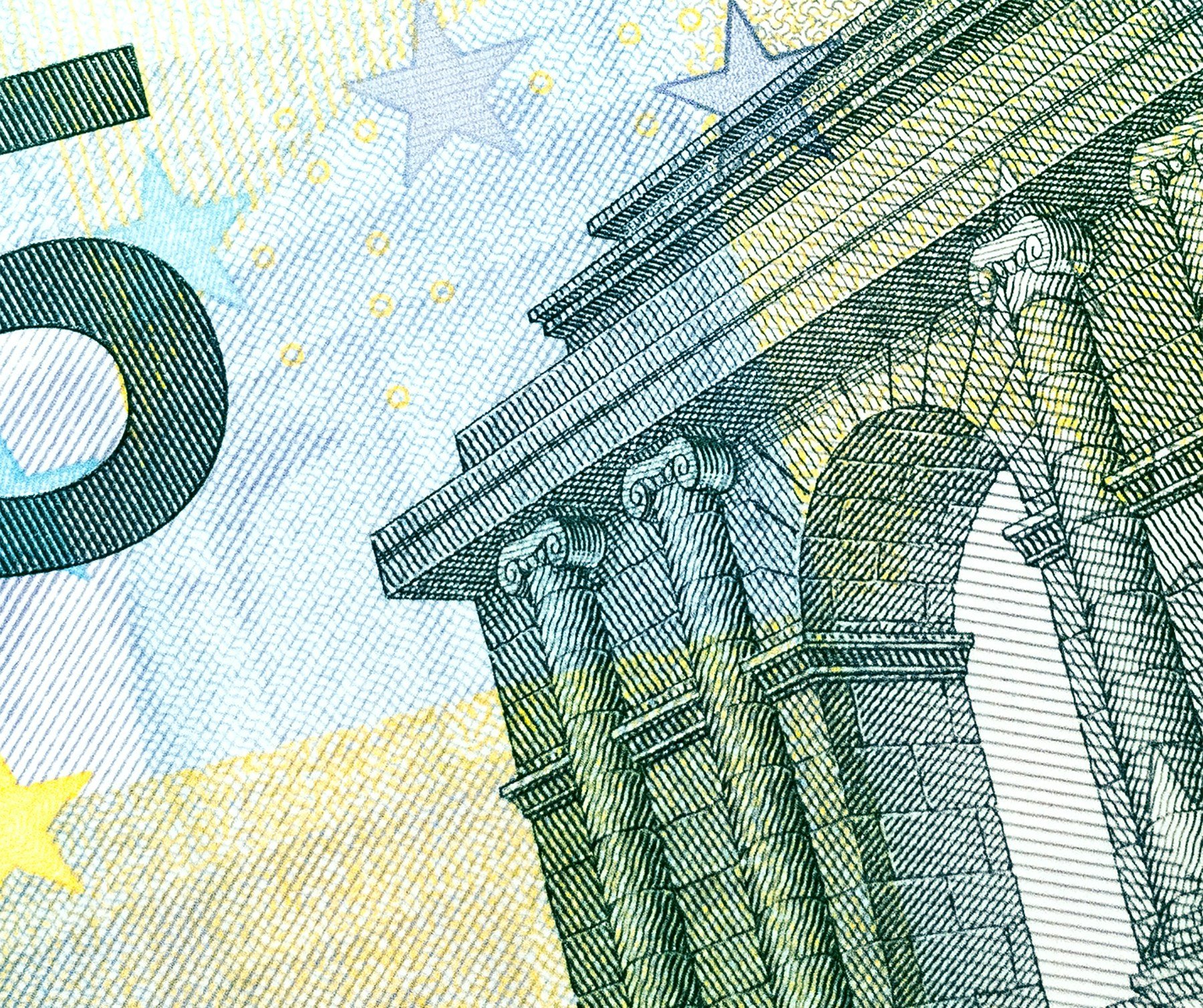 Close-up of a Euro banknote with classical architectural engraving