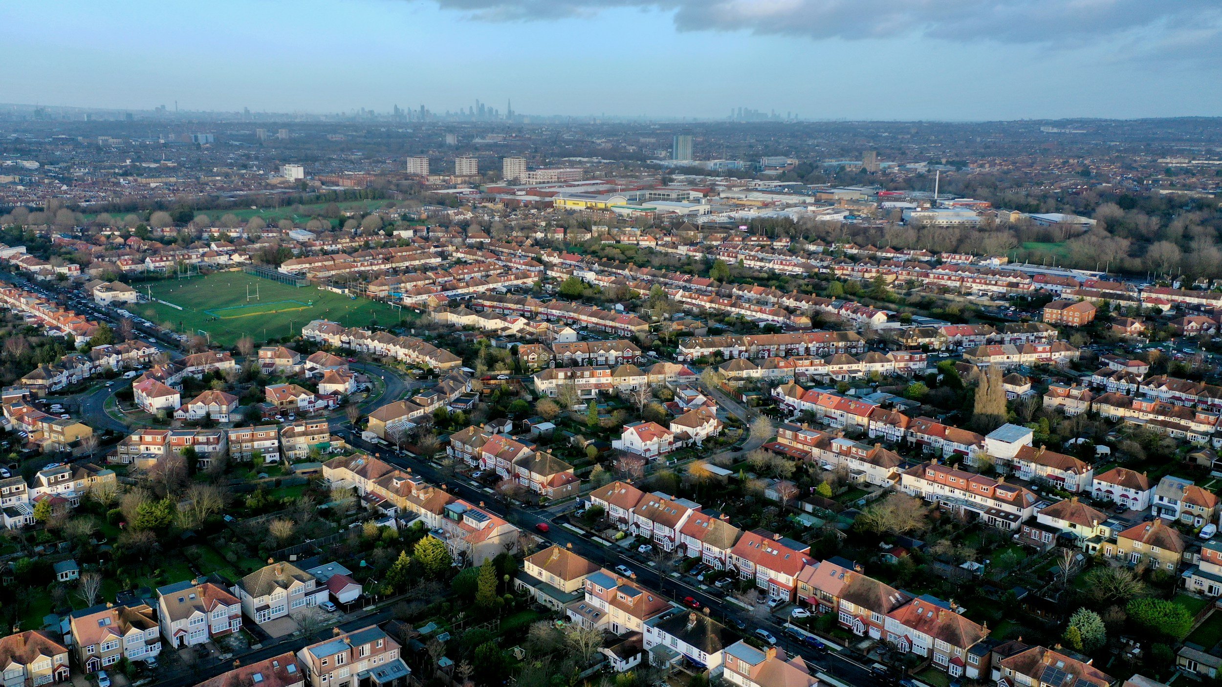 Aerial view of a residential neighbourhood in the UK