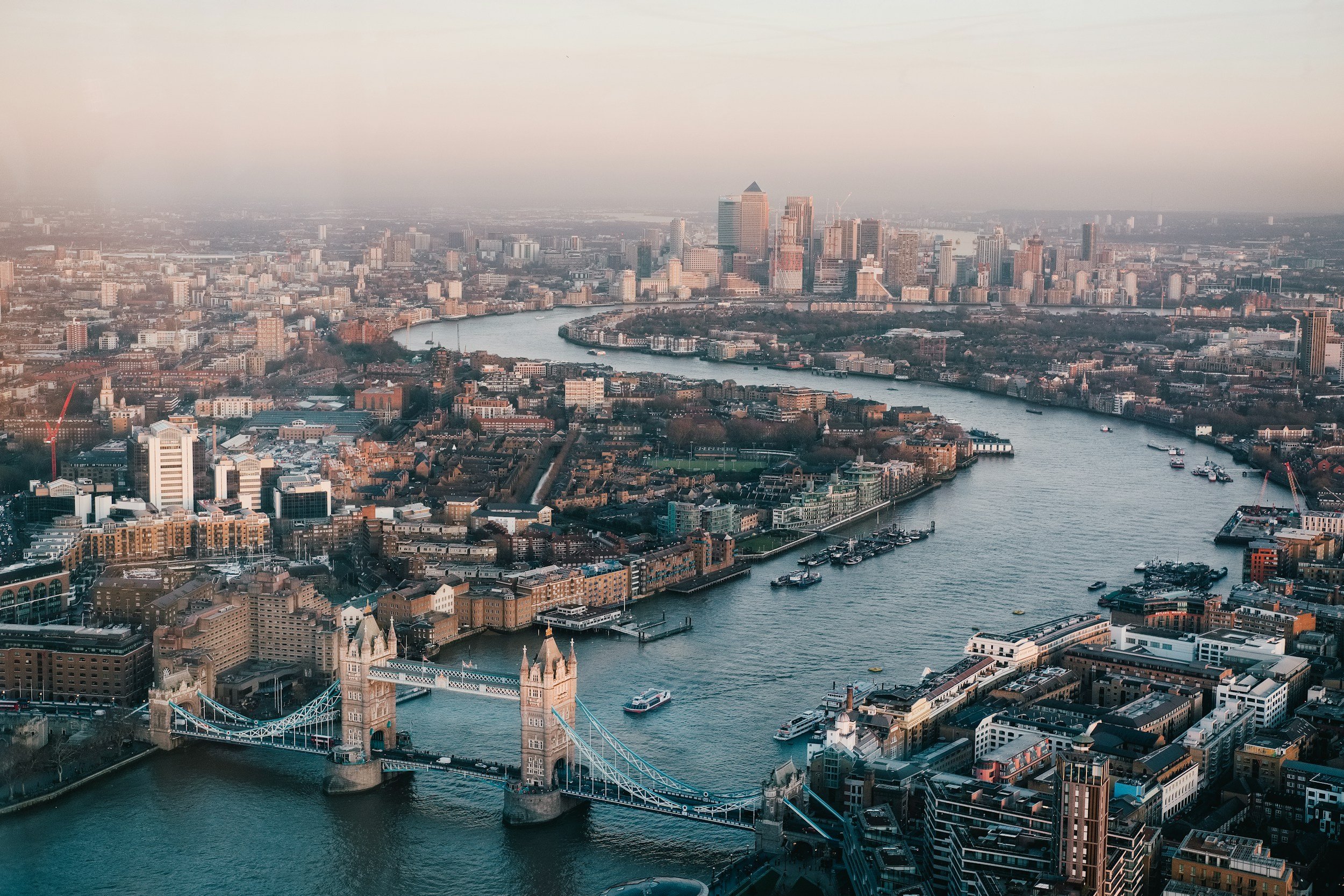 Aerial view of Tower Bridge and the London skyline