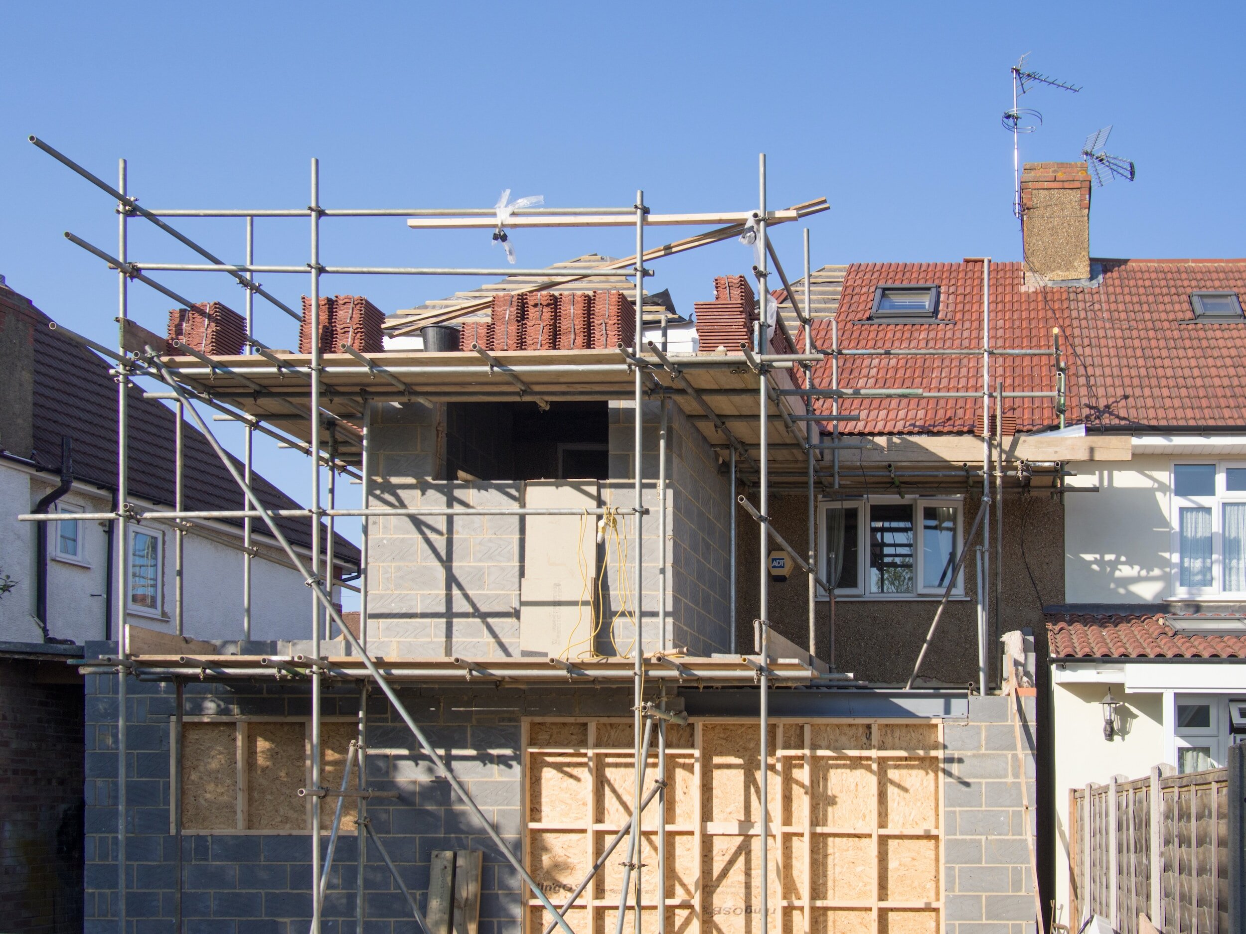 A home extension in progress with scaffolding