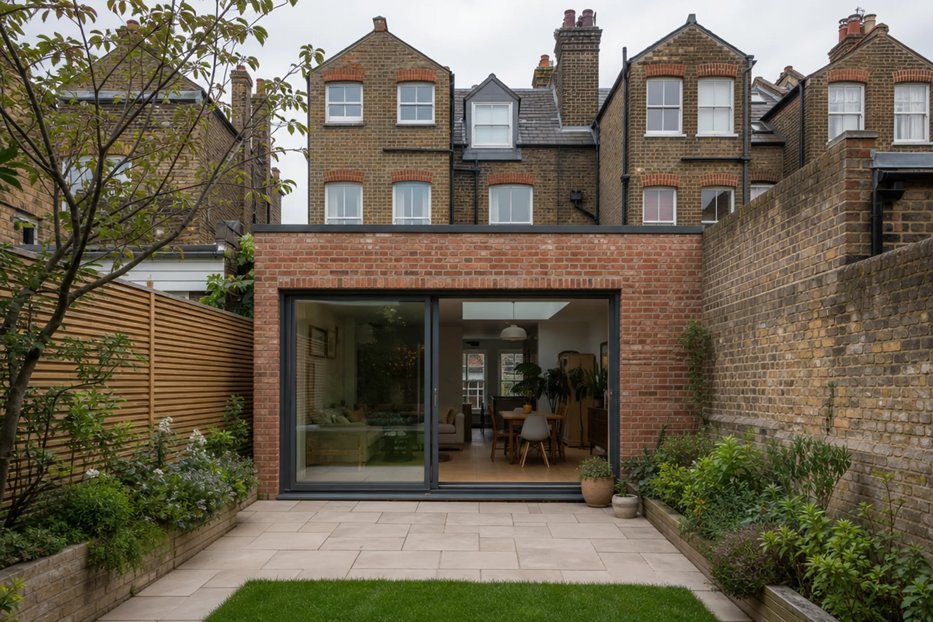 A new single-storey rear extension built right up to the brick boundary wall of a London terraced garden