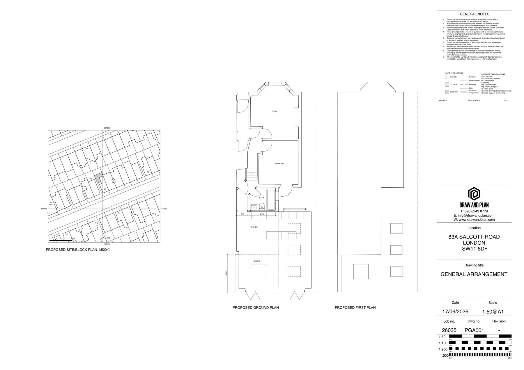 Proposed ground and first-floor plans and site plan for a wraparound extension in Wandsworth, prepared by Draw & Plan
