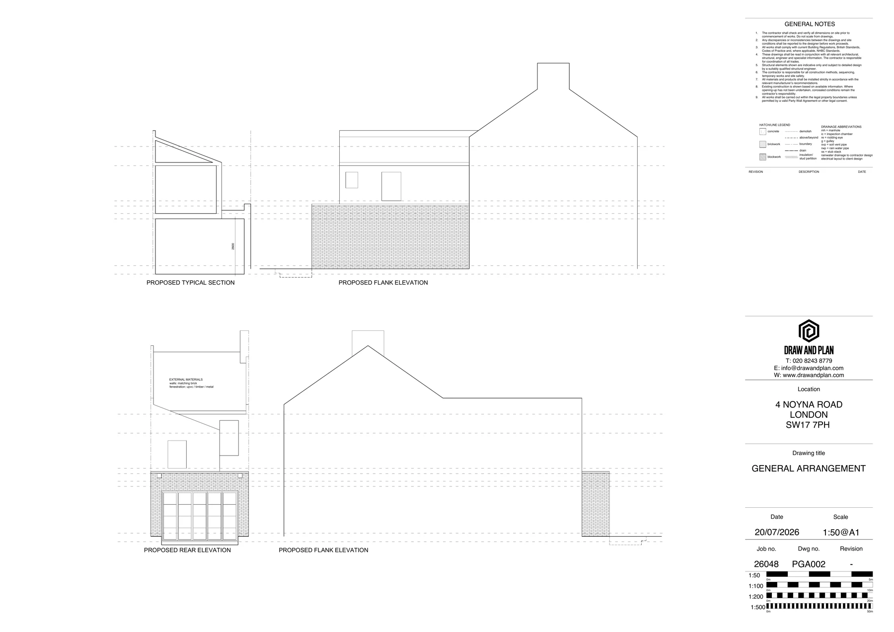 Proposed elevations and section prepared by Draw & Plan for a householder planning application