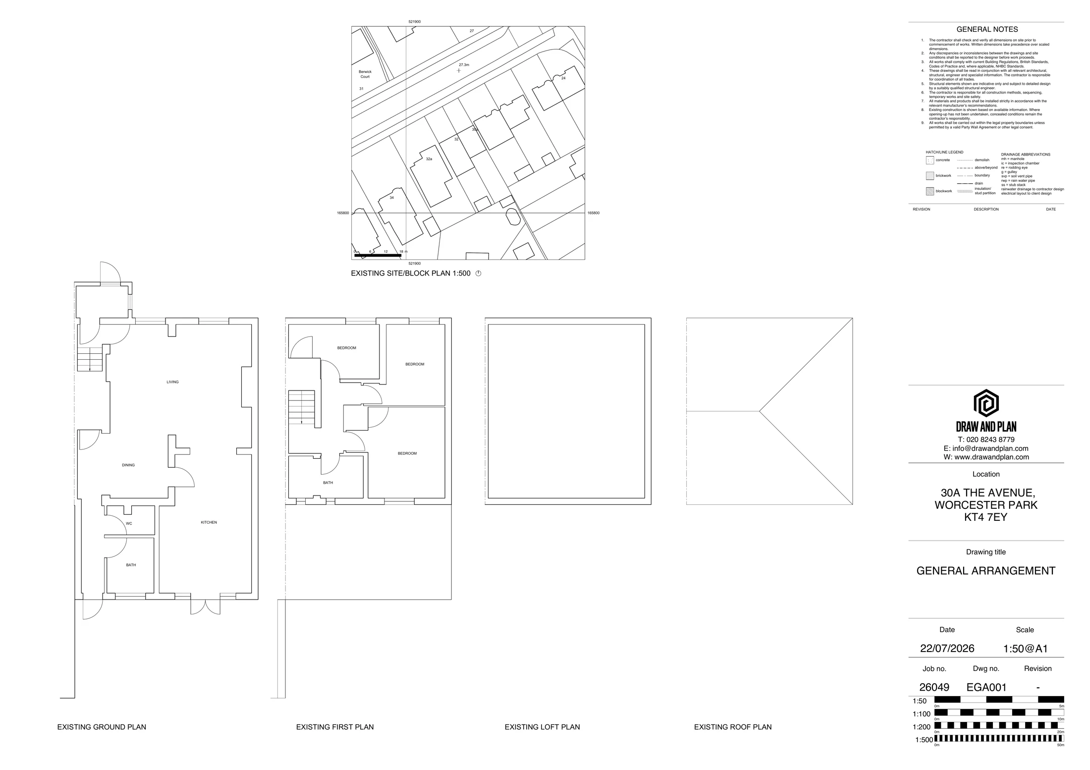 Measured existing floor plans, roof plan and block plan from a Draw & Plan measured building survey